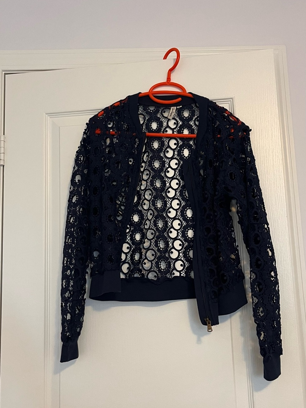 Navy Open Crochet Zip Cardigan